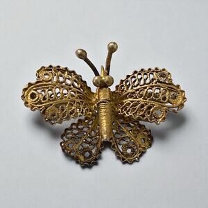 Vintage Gold Filigree Butterfly Wing Brooch Pin 800 Silver 3/4 Inch